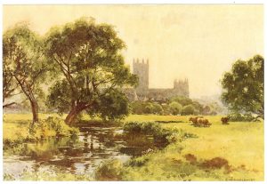 Cows grazing next to the river with the cathedral in the background
