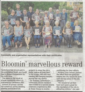 Article about awarding of South & South East In Bloom gold status for Canterbury