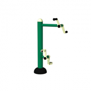Disabled pedal and arm bike has an upright pillar with pedal mechanism at the top and bottom
