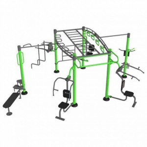 Big rig with multiple equipment stations and a central area with monkey and ninja bars